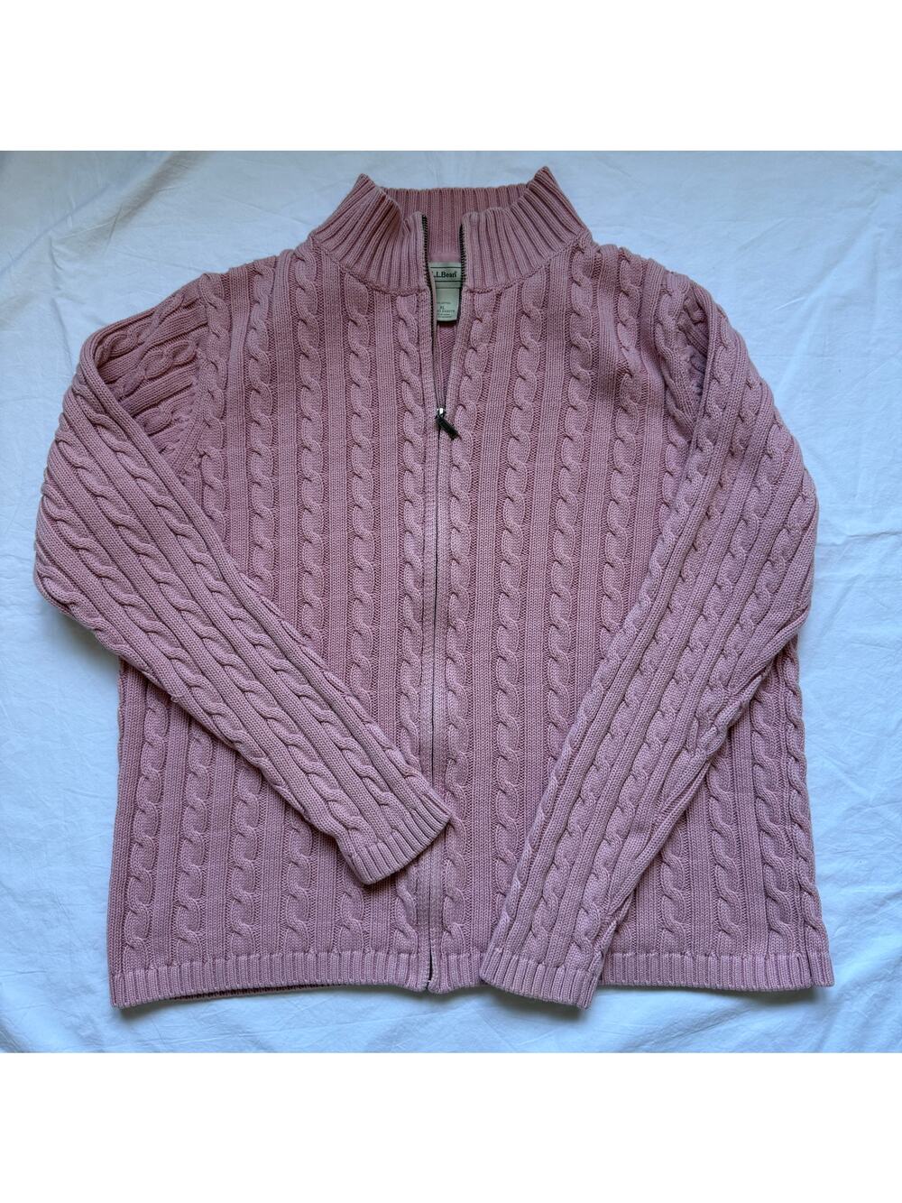 Vintage L.L.Bean Cable Knit Cardigan Sweater Pink 100% Cotton Zip XL